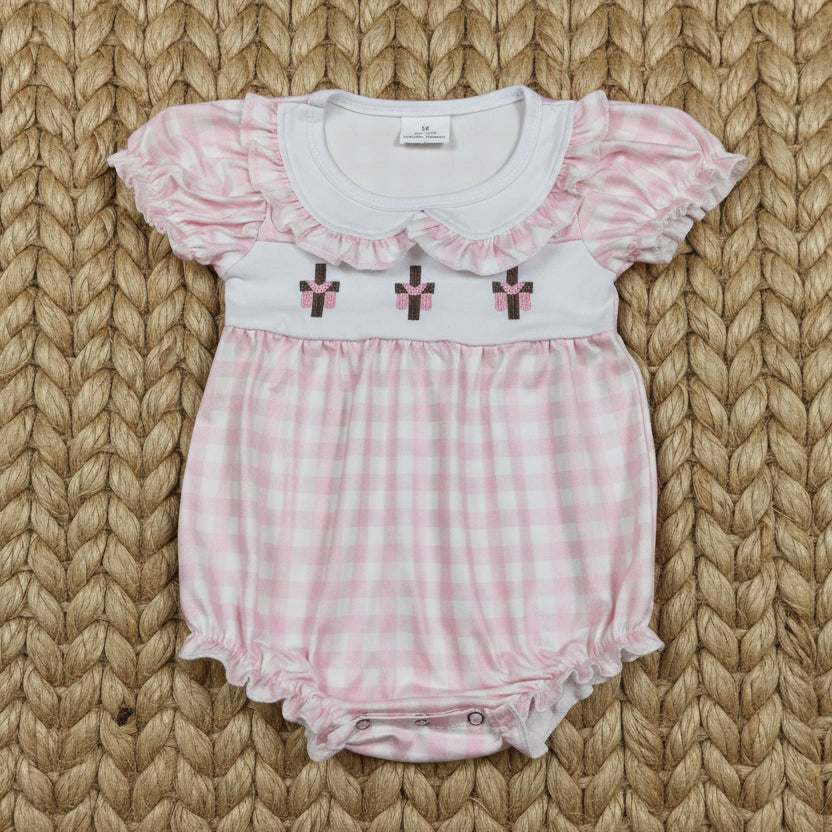 pink gingham easter cross embroidered bubble
