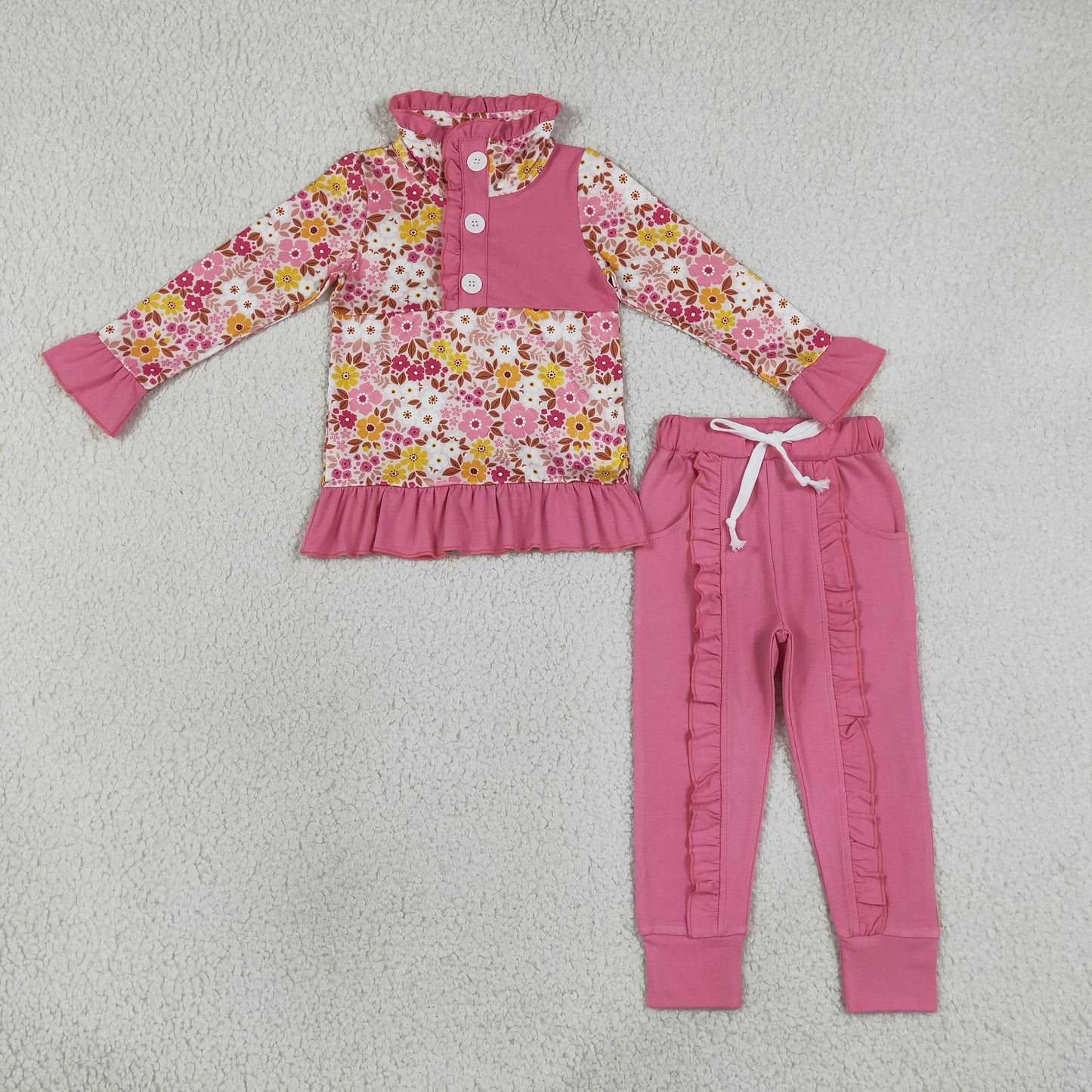 fall flower button pullover ruffle jogger outfit