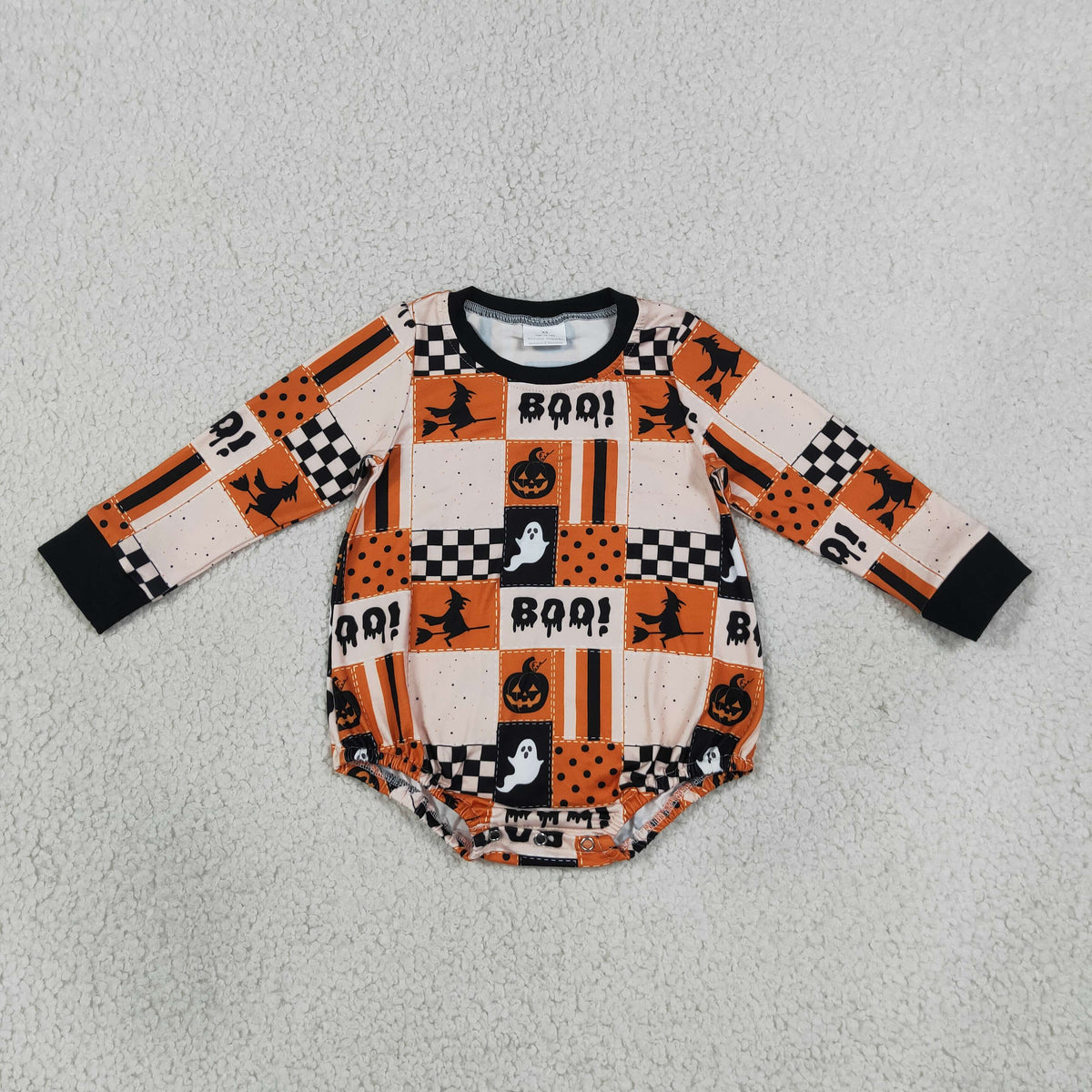 LR3239 Halloween Pumpkin, Ghost & "BOO!" Patchwork Print Boy Romper