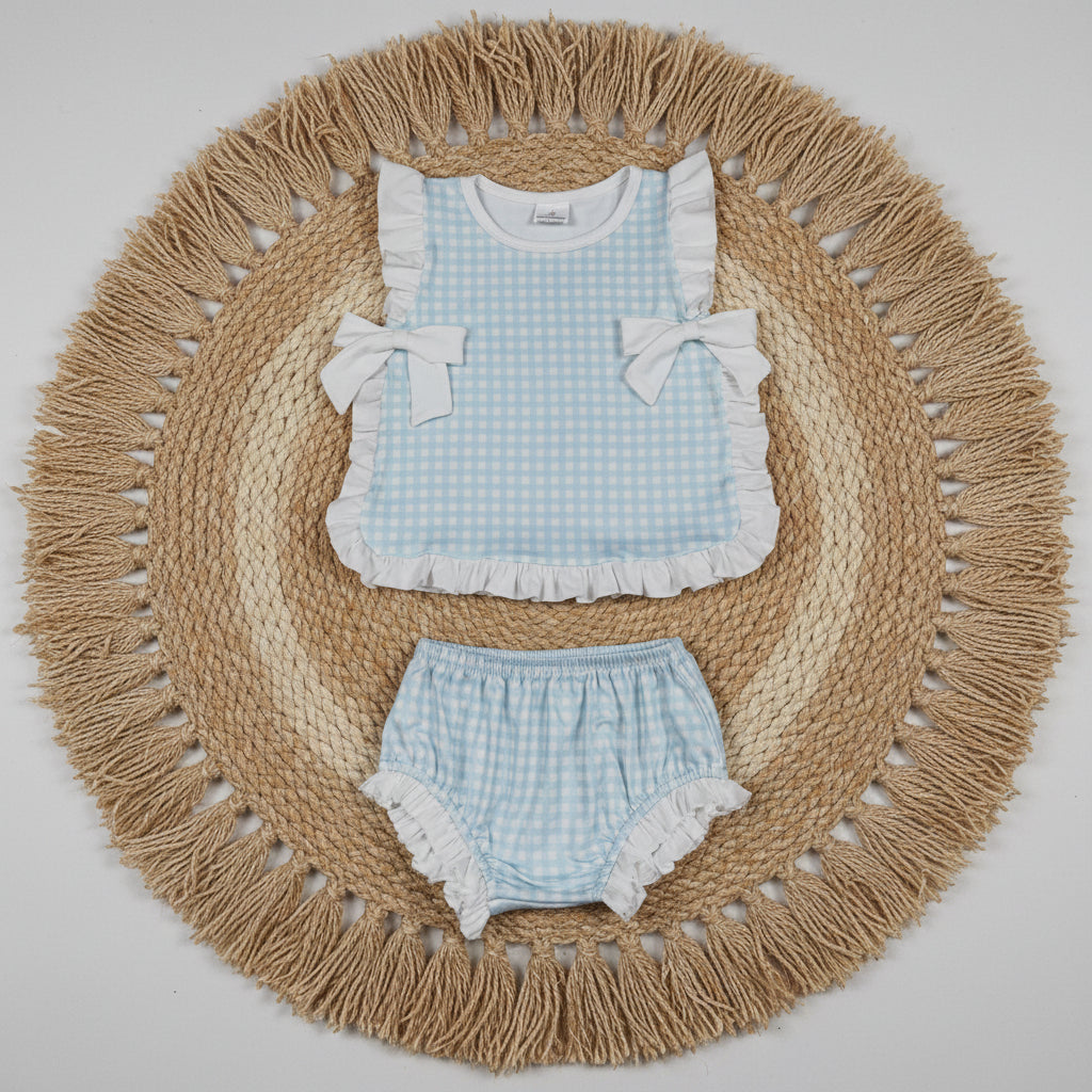 sleeveless blue white gingham ruffle bummie set