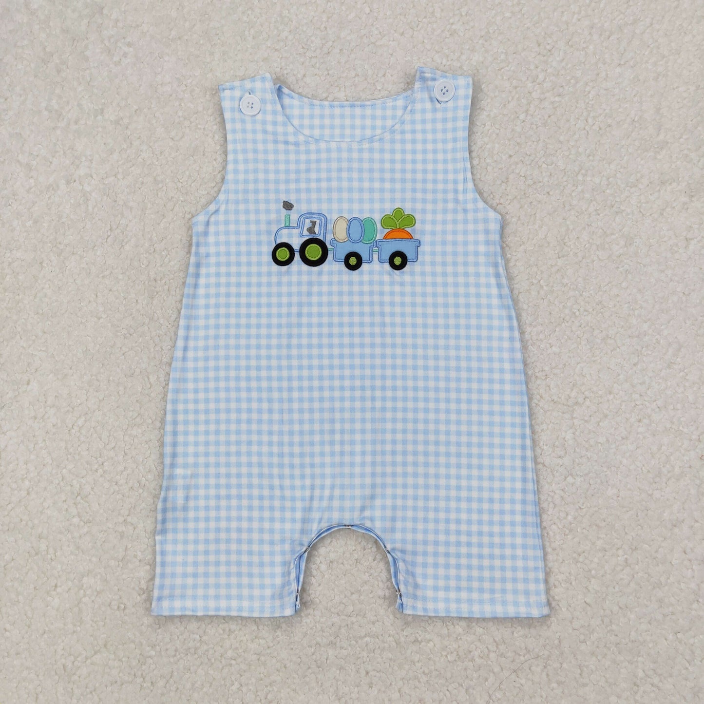 easter egg carrot blue gingham embroidered romper