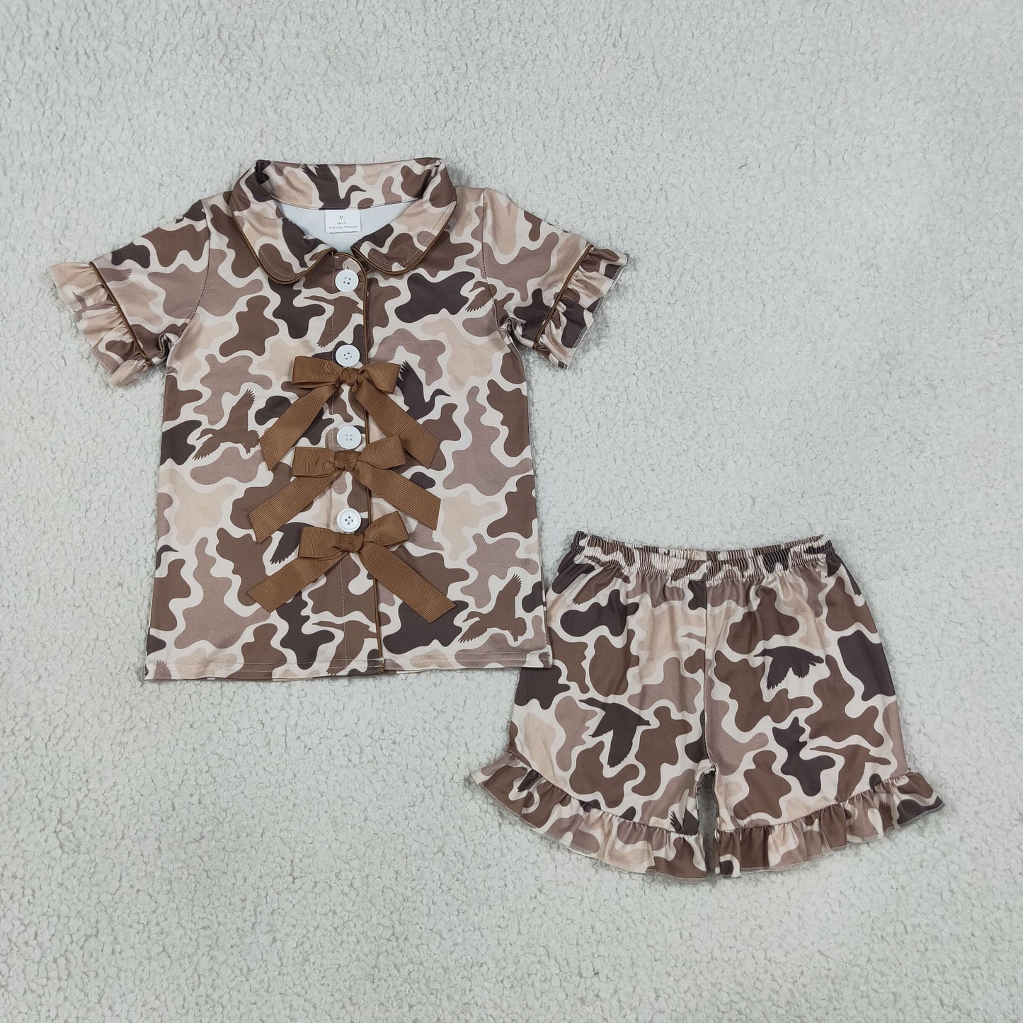 camo bow button down shorts pajama set girls sleepwear