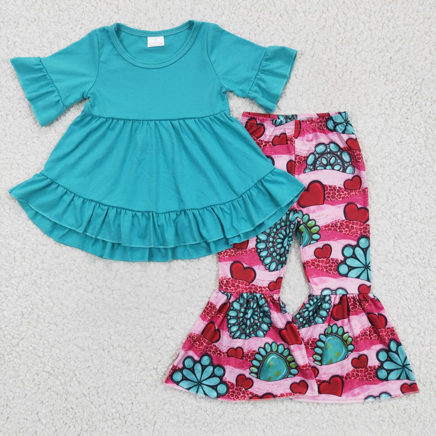 turquoise ruffle bell pants outfit
