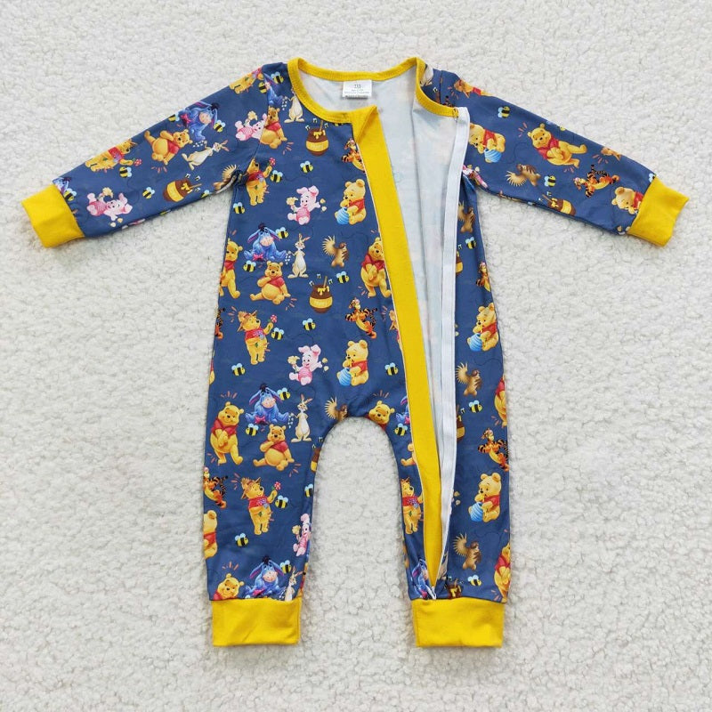 LR0347 Cartoon Bear Blue Yellow Zipper Long Sleeve Bodysuit