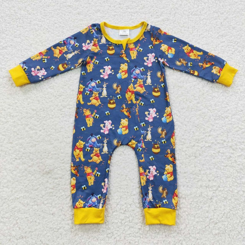 LR0347 Cartoon Bear Blue Yellow Zipper Long Sleeve Bodysuit