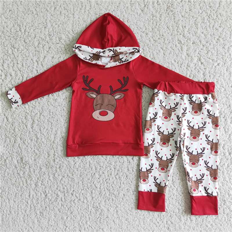 6 B1-24 Boys Deer Red Long Sleeve Top Trousers Hooded Set