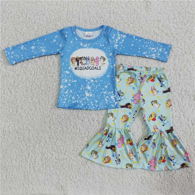 6 A19-4 cartoon blue top flared pants suit