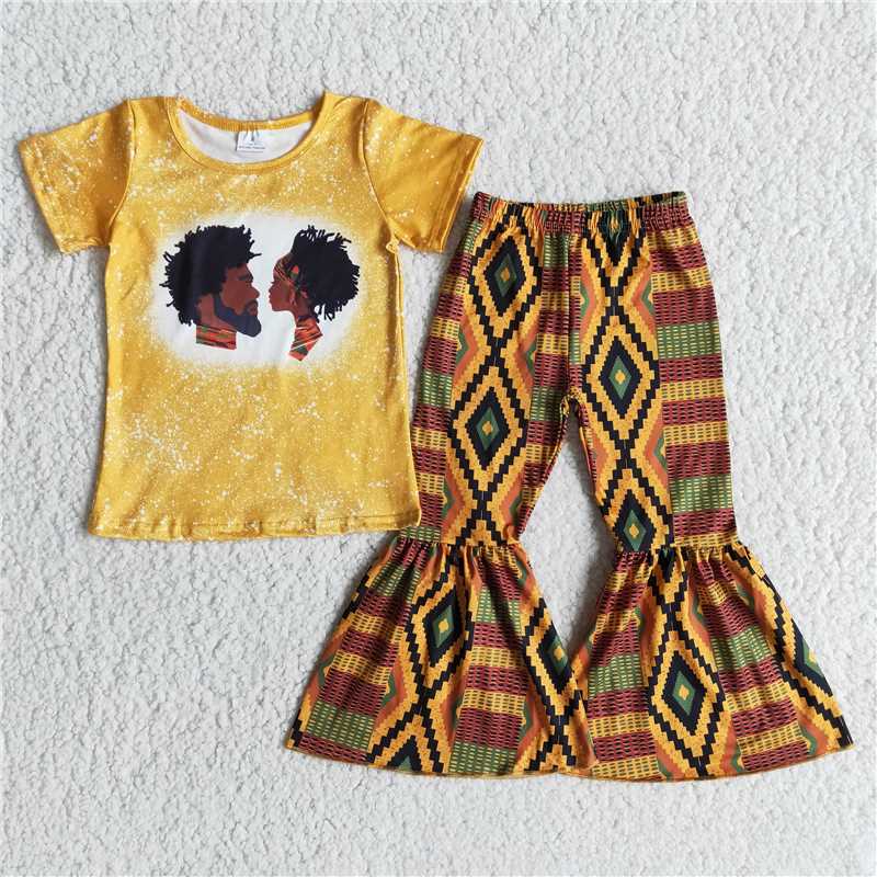B1-1 Black Orange Short Sleeve Diamond Flared Pants Set