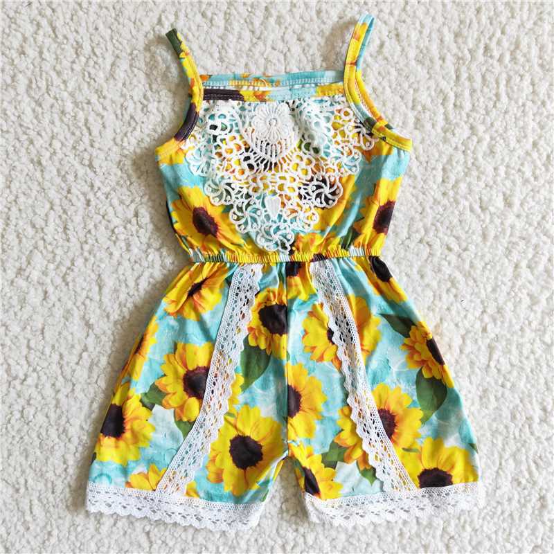 SR0001 New summer Yellow Sunflower White Lace Sling Bodysuit