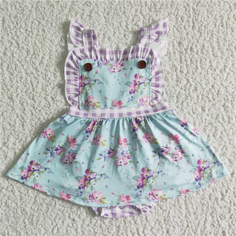 SR0027 New summer Girls Purple Plaid Flying Sleeves Blue Floral Bodysuit