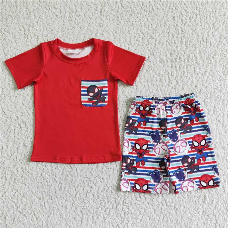 BSSO0062 Boys Red Pocket Short Sleeve Shorts Set