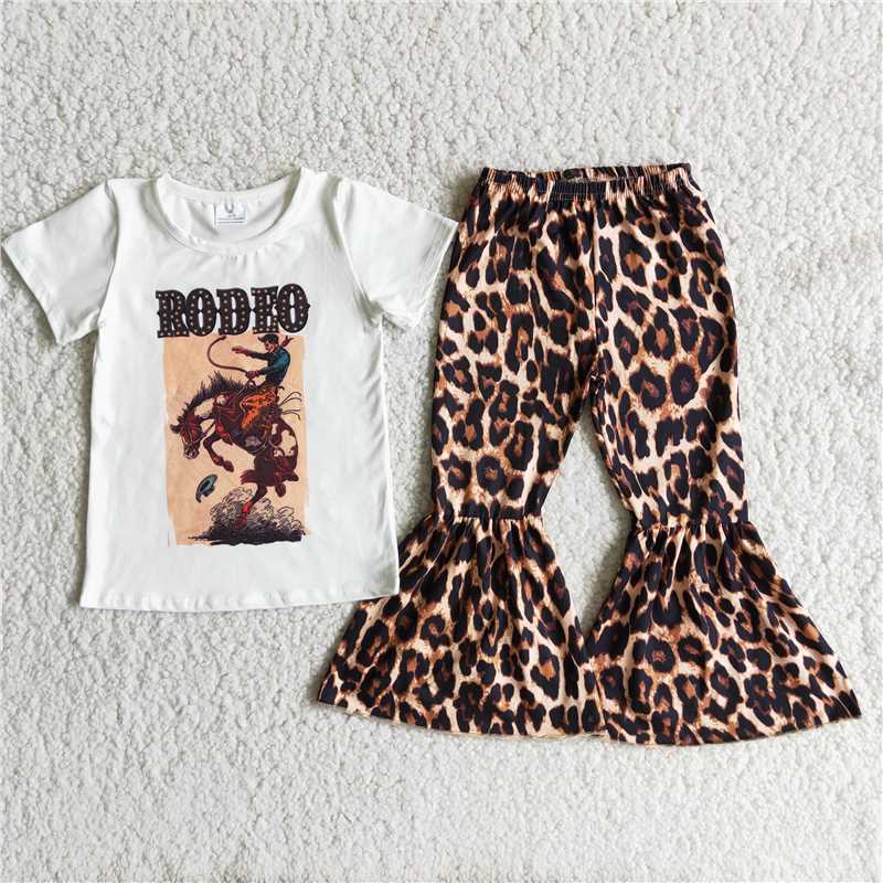B8-13 Short Sleeve Leopard Print Horse Flare Pants Set