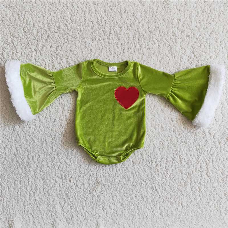 6 A4-4 Embroidered Velet Flared Sleeve Heart Green Bodysuit