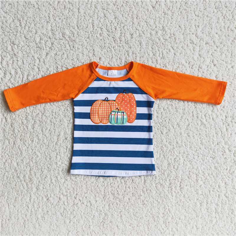 6 A19-29 Boys orange red pumpkin blue and white striped top
