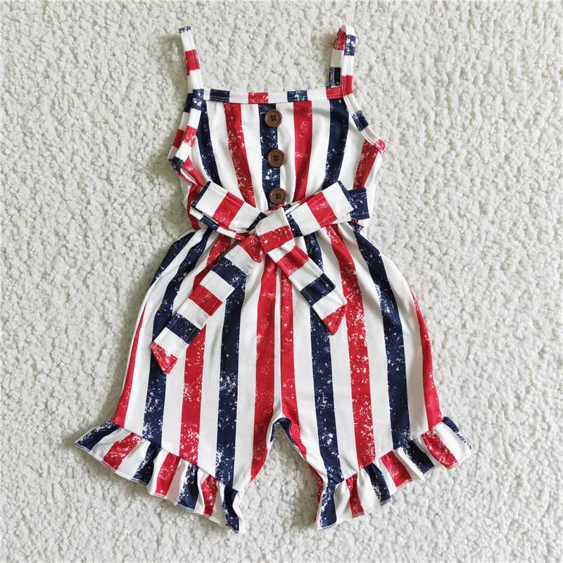 SR0032 Girls Suspender Button Red and Blue Striped Belt Bodysuit
