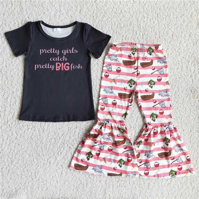 D11-5 Black Lettering Short Sleeve Top Boat Flare Pants Set D 4.10