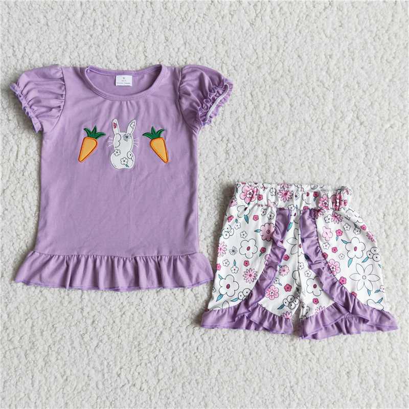 E6-20 Embroidered Easter Bunny Purple Short Sleeve Shorts Set