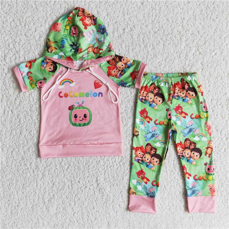 E11-26 Pink Hooded Short Sleeve Trousers Set