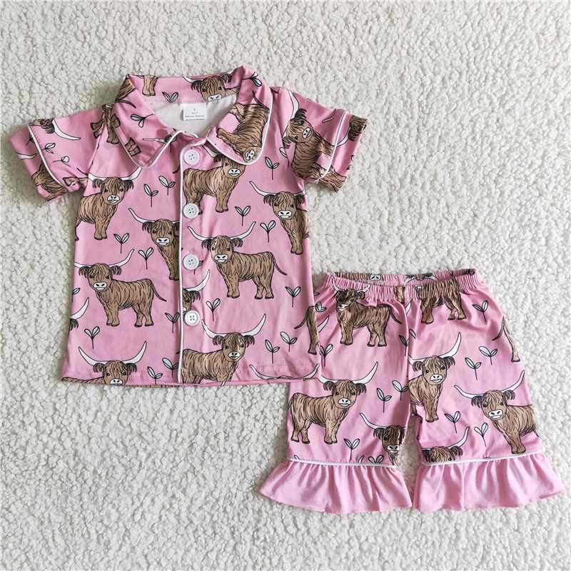 B11-28 Girls Bull Head Pink Short Sleeve Shorts Suit