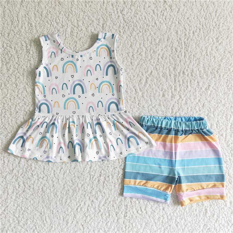 GSSO0011 White Tank Top Colorful Striped Shorts Set