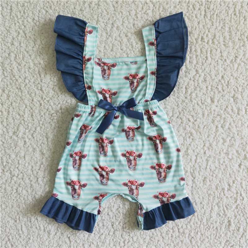 SR0004 New summer Light Green Bull Head Flying Sleeves Lace Bow Striped Bodysuit