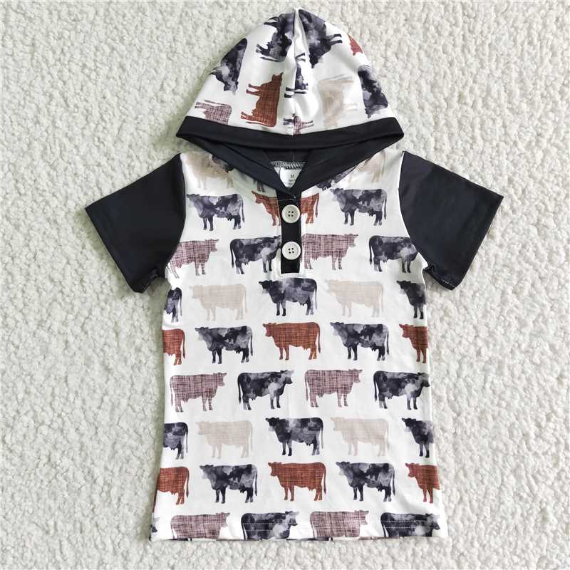 BT0009 Boys Black Short Sleeve Hooded Cow Button Down Shirt D 7.12