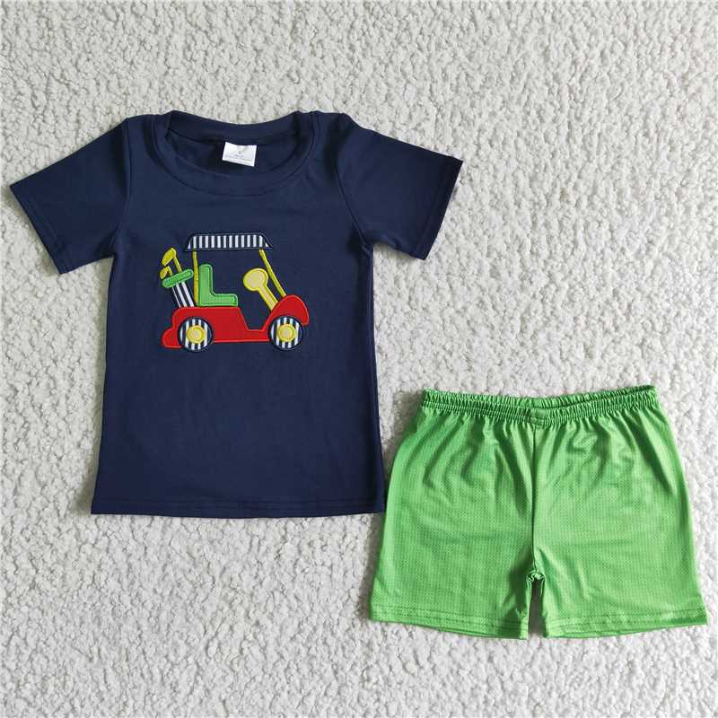 BSSO0030 Boys Embroidered Car Black Short Sleeve Green Shorts Cover D 7.12