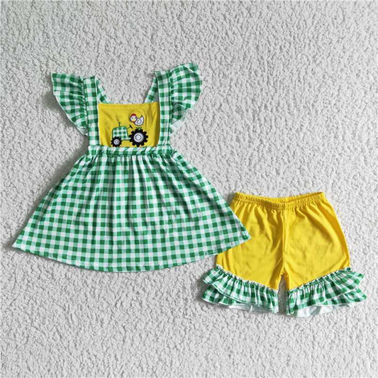 GSSO0056 Baby Girls Green Plaid Embroidery Car Chick Flying Sleeves Yellow Suit