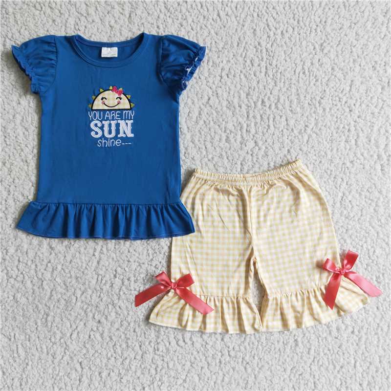 GSSO0096 Girls Embroidered Sun Puff Sleeve Yellow Butterfly Suit