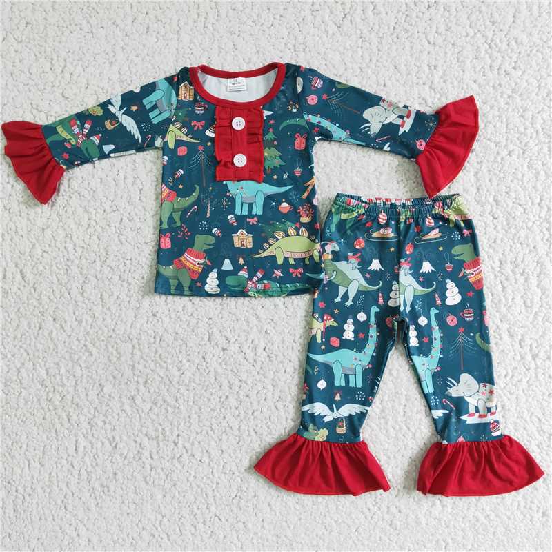 6 A4-28 Baby girls christmas dinosaur pajamas