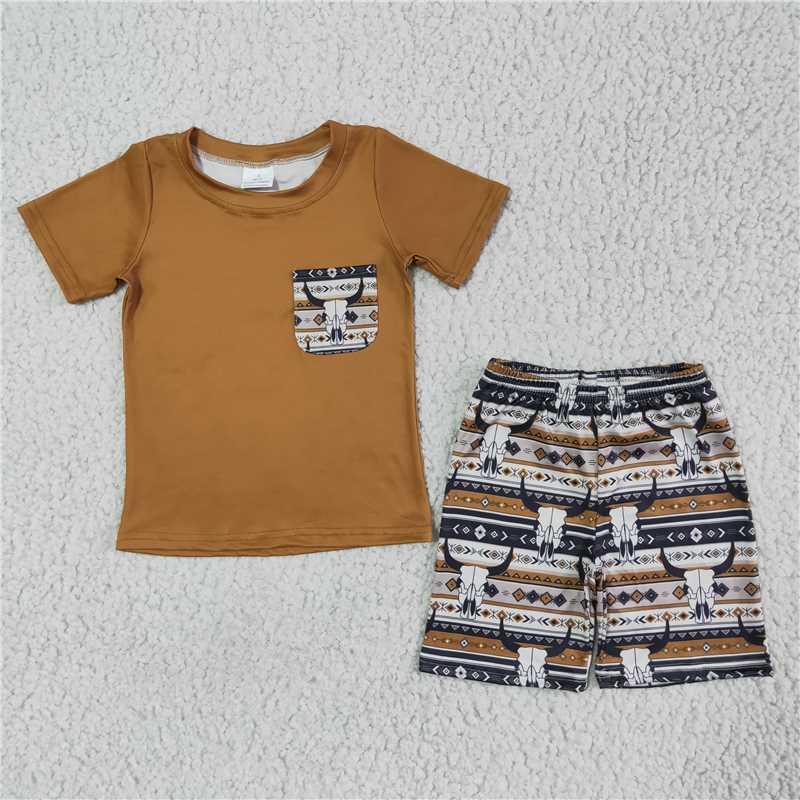 BSSO0073 Boys' Striped Bull Head Pocket Short Sleeve Shorts Set