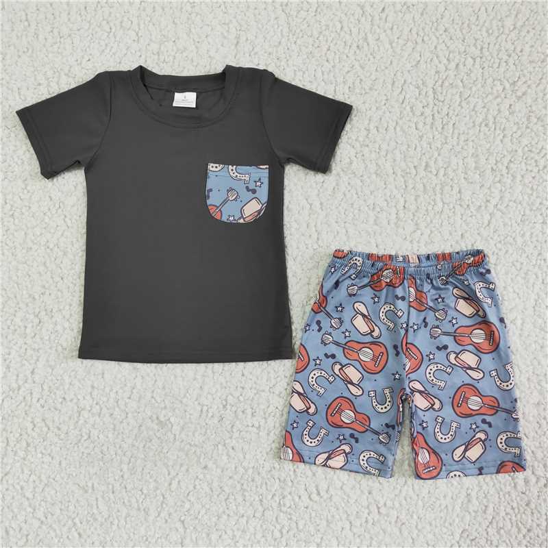 BSSO0075 Boys Grey Pocket Short Sleeve Instrument Hat Shorts Set