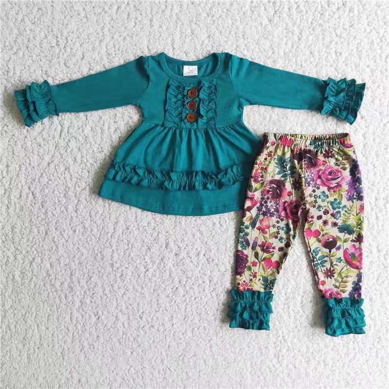 6 B12-20 SOLID COLOR GREEN TUNIC TOP FLORAL LEGGINGS SET