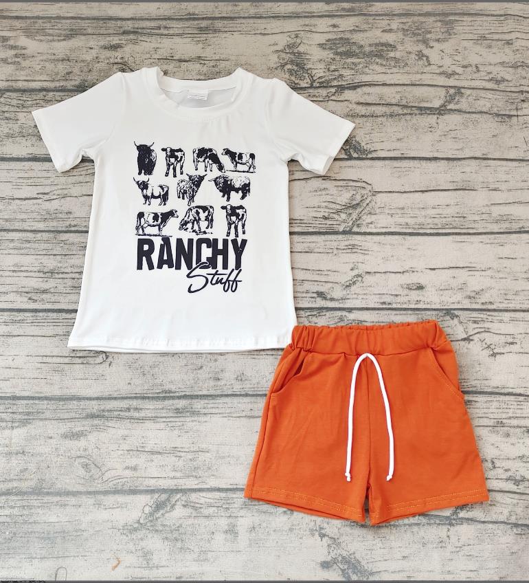 BSSO0191 Boys RANCHY Cow White Short Sleeve Brown Shorts Set