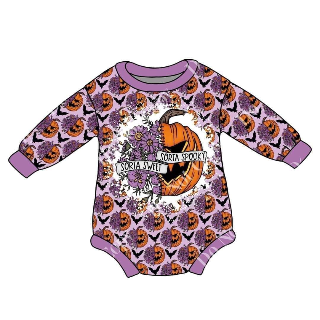 LR0079 Halloween Pumpkin Bat Long Sleeve Romper Bodysuit