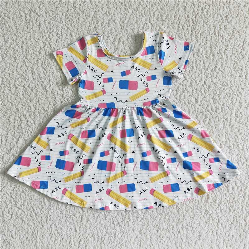 GSD0076 Girls Yellow Back To School Pencil ABC Short Sleeve Dress