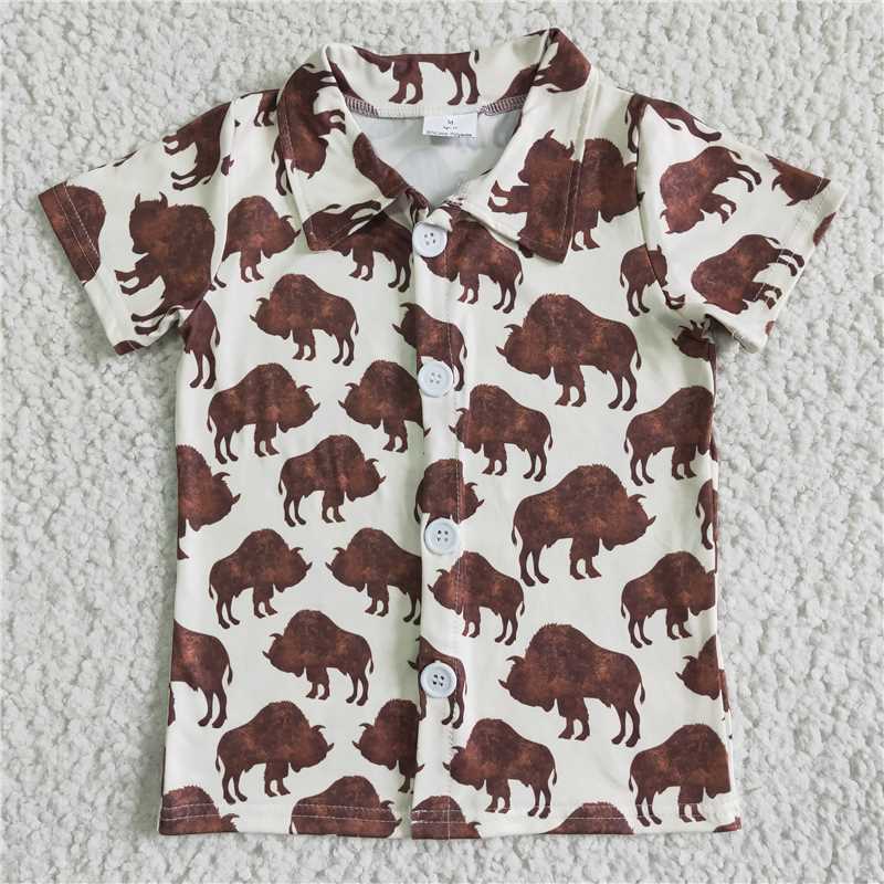 BT0004 Boys Short Sleeve Cow Button Lapel Shirt