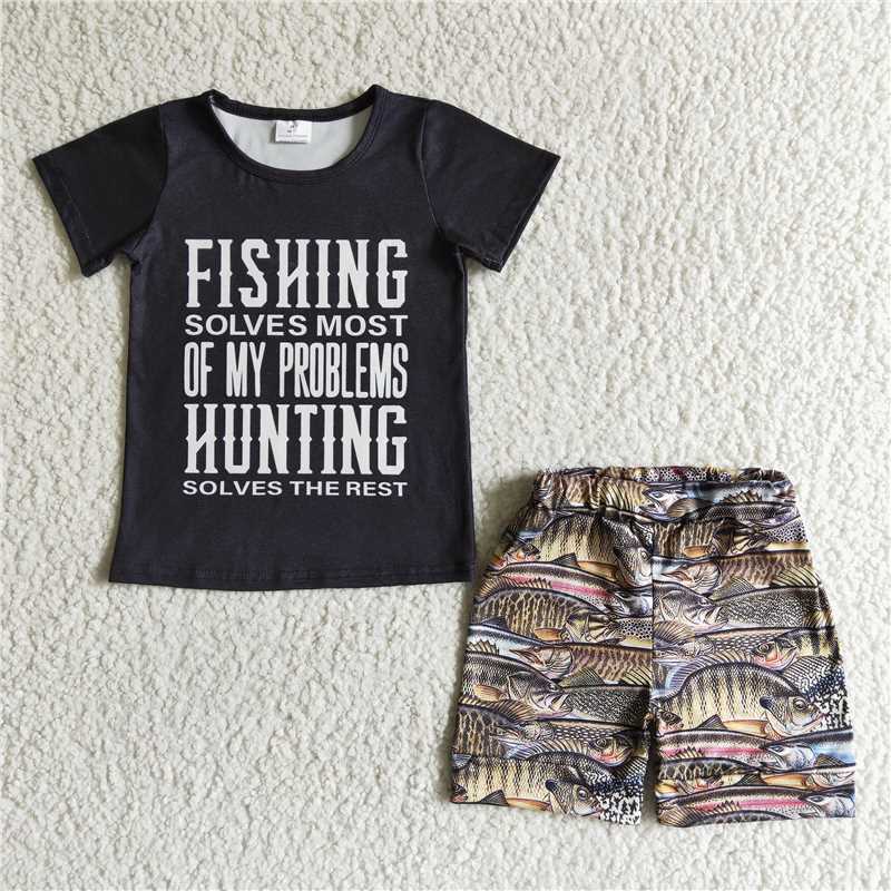 BSSO0012 Black Short Sleeve Fish Pattern Shorts D 6.13