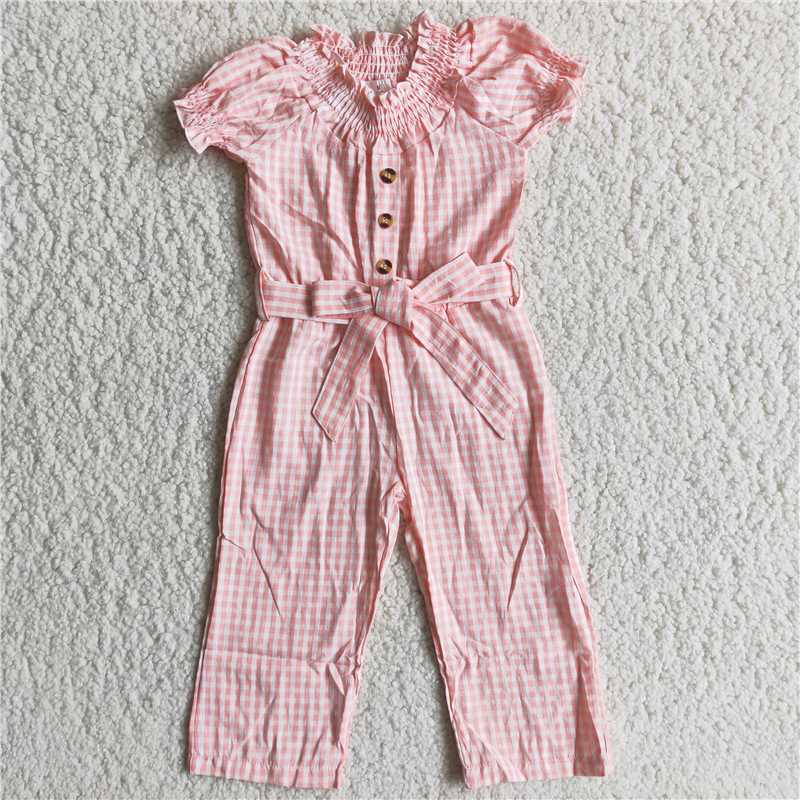 D7-16 New summer Pink Check Puff Sleeve Belt Bodysuit