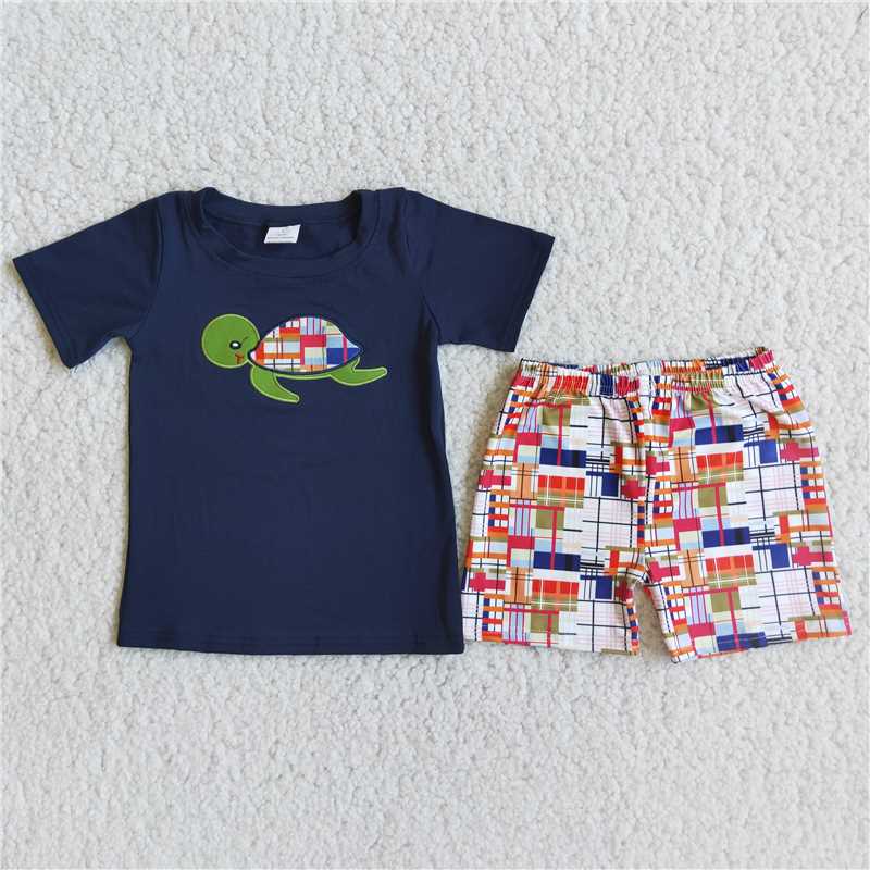 D5-12 Green Turtle Short Sleeve Square Shorts Set