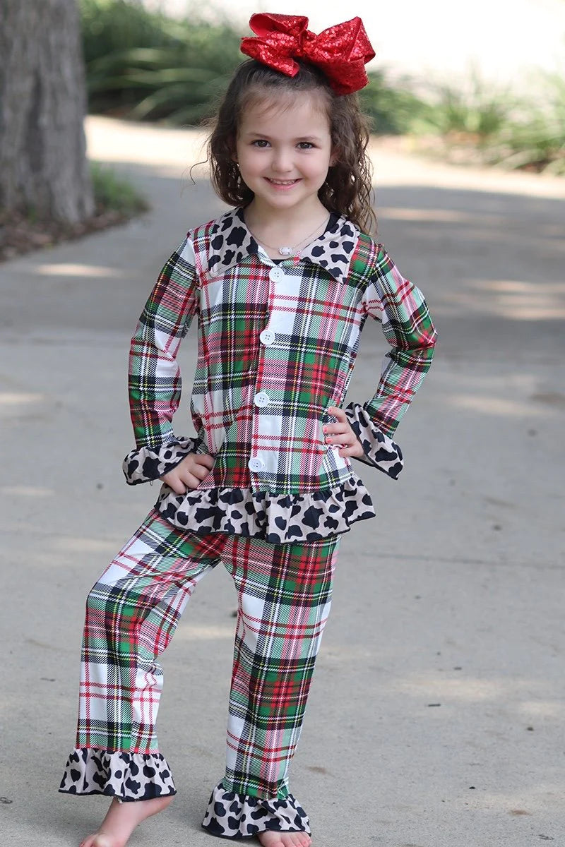6 B2-4 Girls Check Leopard Lace Pajama Set