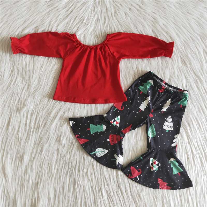 6 A24-5 Red Long Sleeve Top Christmas Pants Set