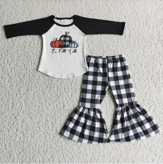 6 A9-29 Baby girls Pumpkin Black Long Sleeve Plaid Flared Pants Set D 816