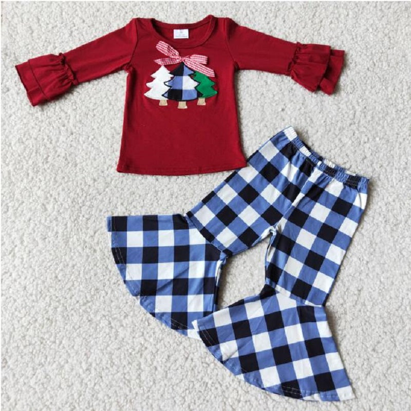 6 C6-40 Bow Embroidered Christmas Tree Long Sleeve Plaid Pants Set