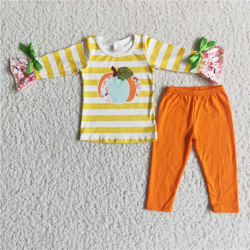 6 A10-14 Baby girls Pumpkin Yellow Striped Long Sleeve Pants Set D 901