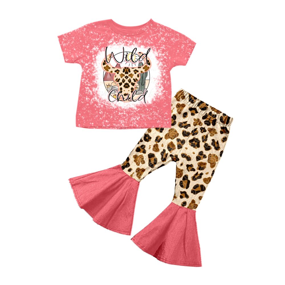 GSPO0254 Girls Leopard Print Bull Head Pink Short Sleeve Trousers Suit