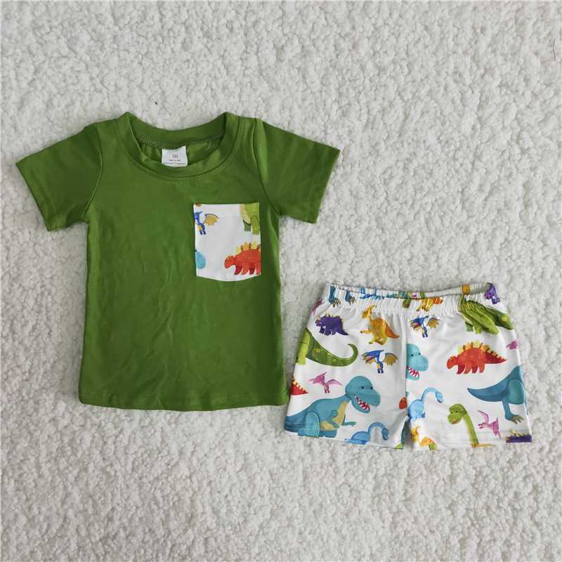 A16-12 Boys Pocket Short Sleeve Dinosaur Shorts Set D 5.15