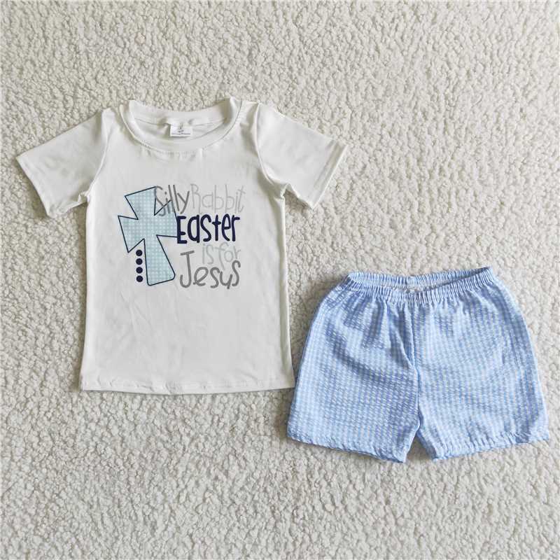 C4-3 White Short Sleeve Blue Plaid Pants