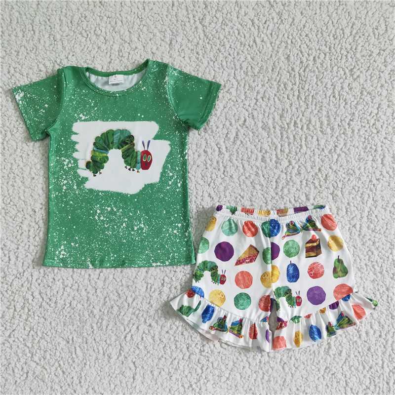 GSSO0108 Girls Green Cartoon Short Sleeve Shorts Suit