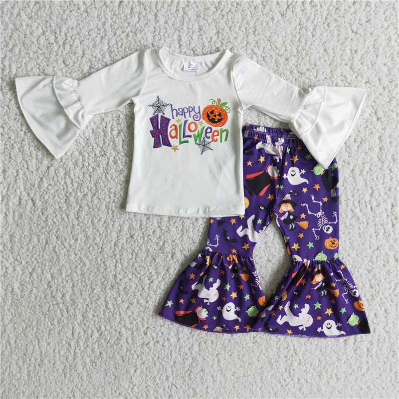 6 B9-22 Halloween Pumpkin Long Sleeve Top Flare Pants Set